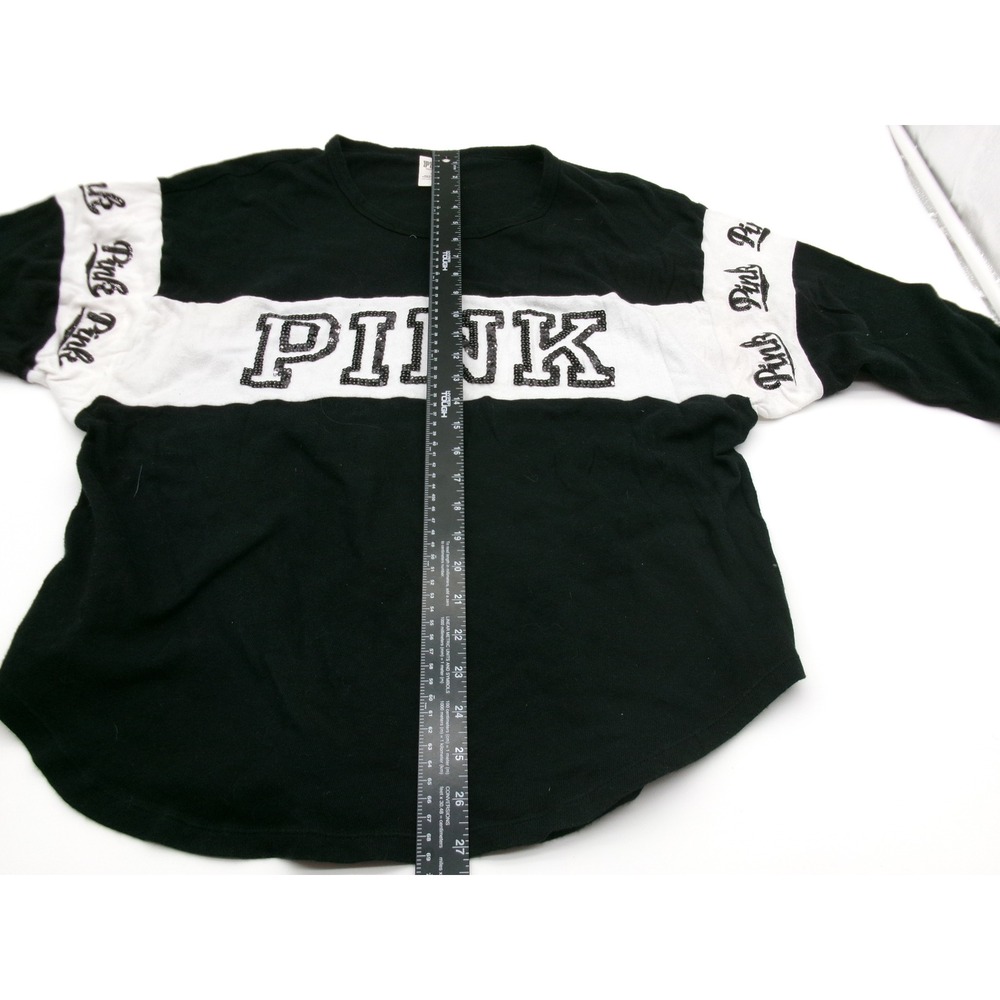 Victoria's Secret PINK Black White Colorblock Glitter Logo Long Sleeve Shirt L - Picture 6 of 15